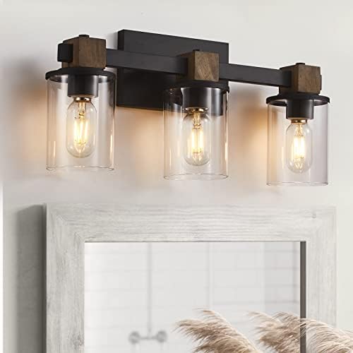 Eatich Bathroom Light Fixtures, Farmhouse Bathroom Vanity Light with Clear Glass Shade, 3-Light Bathroom Lights Over Mirror with Rustic Wood