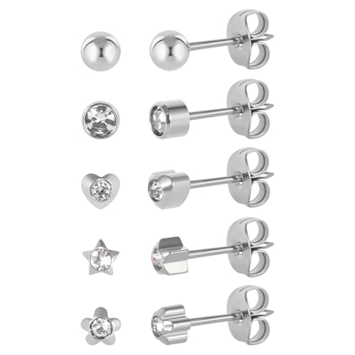 5 Pairs G23 Titanium Ear Piercing Stud Earrings for Sensitive Ears, Cubic Zirconia Stud Earrings Set for Ear Piercing Guns