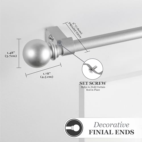 Kenney Chelsea Ball End Window Curtain Rod, 48-86 Inch Adjustable Rod Set, Brushed Nickel Silver Finish, 2 Pack - Thumbnail 2