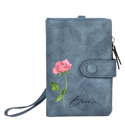 Personalized Birth Flower Wallet for Women Custom Wristlet Wallets with Name Small Leather Wallet Purse for Women Card Holder Wallet Gifts for Mom Grandma (Blue)