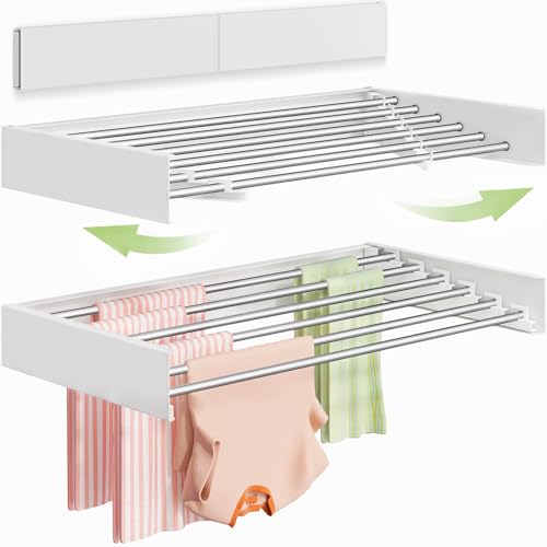 Vikaqi Wall Mounted Clothes Drying Rack 40 inches, Foldable Wall Mount Laundry Rack Folding Indoor, Drying Rack Clothing Collapsible, Hidden Space Saver with Wall Template, 6 Rods, White