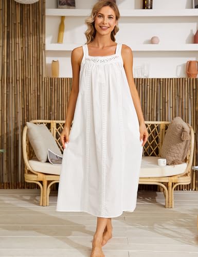 SWOMOG Women's Cotton Nightgowns Sleeveless Night Gown Embroidery House Dress Soft Long Nightdress with Pockets3