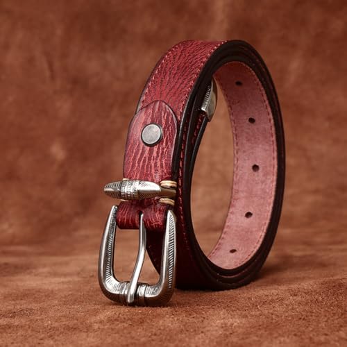 Women Embossed Stitching Skinny Belt,Engraved Floral Silver Buckle,2.4cm Wide Thin Leather Strap for Jeans Pants2
