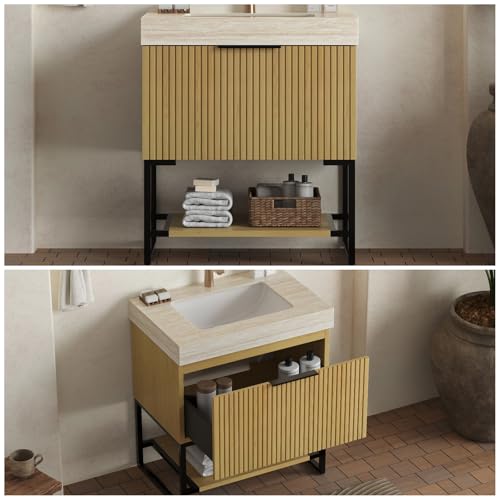 Image of 30 inch Freestanding Bathroom Vanity with Sink, Bathroom Vanity with Sintered Stone Top & Undermount Ceramic Basin, Pre-Assembled Striped Bathroom Storage Cabinet with Drawer & Open Shelf, Oak