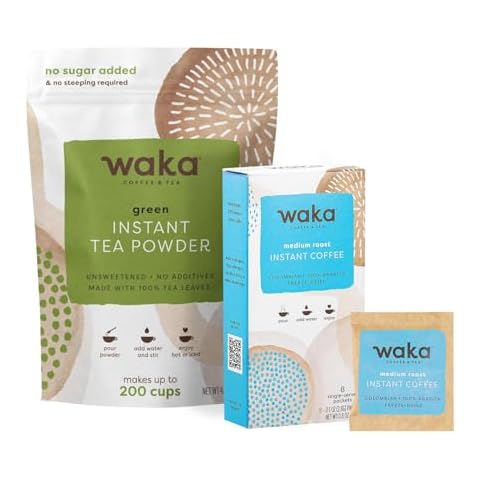 Waka Premium Instant Medium Roast Coffee (8 Single Serve Packets) & No Sugar Added Green Tea Powder (200 Cups) Cover