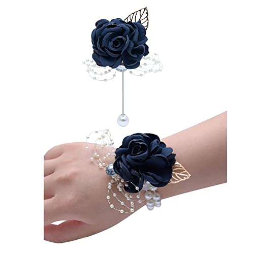 Voarge Rose Wrist Corsage and Boutonniere Set Ribbon Flower Bracelet Silk Rose Boutonniere Set for Wedding Bridal Shower Prom Bridesmaid Dark Blue
