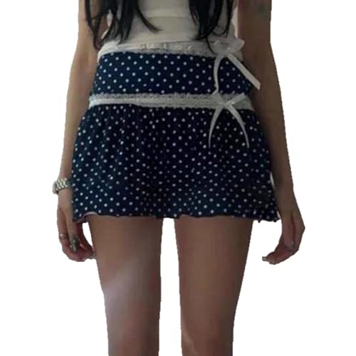 Polka Dot Bow Lace Mini Bubble High Waist Cute Y2K Streetwear Summer Casual Blue Fashion Skirts