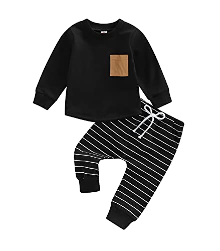 Image of Baby Boy Clothes 3 6 9 12 18 24M 3T Pants Set Hooded Patchwork Hoodie Striped Sweatpants Fall Winter Outfit
