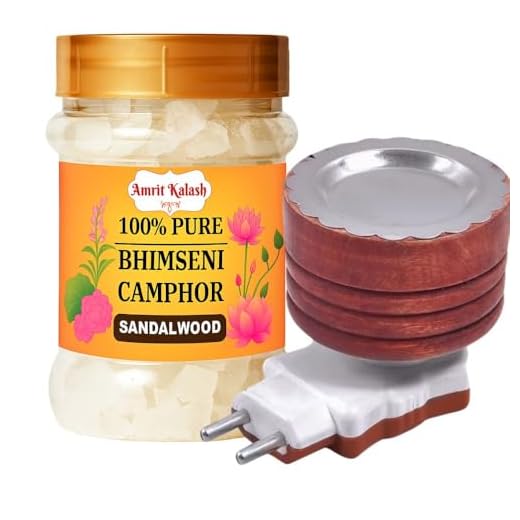 Bhimseni (Sandalwood) Camphor 100gm Jar with Sheesham Wood Kapur Dani | Bhimseni Diffuser | Essential Oil | Bakhoor | for Puja, Aromatherapy & Air Freshener | Fresh Samdalwood Fragrance