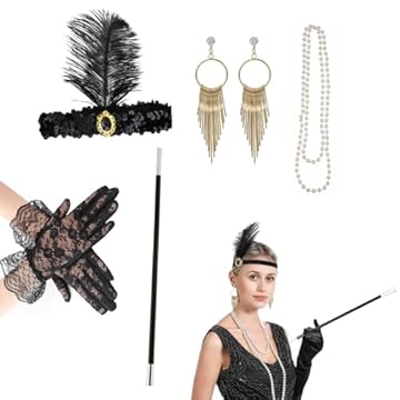 DHWEKU Accessori Anni 20, Costumi Charleston 1920 Flapper Fascia Accessori di Set, 20s Gatsby Costume Set, per la Vintage Festa Degli Anni '20 Halloween Ballo