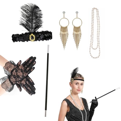 DHWEKU Disfraces Charleston 1920 Flapper Diadema, 20s Gatsby Set, Accesorios para Fiesta Vintage y Halloween