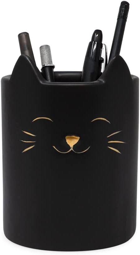 Isaac Jacobs Black Ceramic Cat Holder for Makeup Brushes and Desk Supplies | Multi-Purpose Cup Organizer. Bathroom, Kitchen, Bedroom, Office Decor