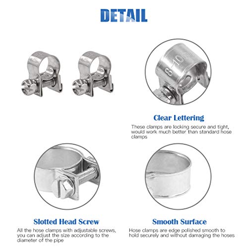 Glarks 12Pcs Stainless Steel Mini Fuel Injection Hose Clamps Adjustable Pipe Hose Clip Tube Clamps Assortment Kit (8-10Mm) #TOP3