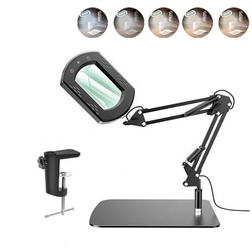 Lente d'ingrandimento 15X con luce e supporto, 5 modalità di colore, dimmerabile, lampada da scrivania con morsetto, lente d'ingrandimento ricaricabile USB con braccio oscillante regolabile per