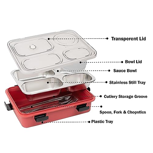 Image of Storescent Lunch Box with Compartment, Leak-Proof BPA Free Stainless Steel for School, Lunch Box for School & Office with a Fork, a Spoon and a Pair of Chopsticks (Red, 4 Compartment)