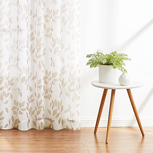 Leaf Print White Sheer Curtains for Living Room Bedroom 54 Inches Drop Taupe Leaves Country Botanical Pattern Eyelet Voile Curtains Light Filtering Linen Textured Semi Sheer Curtain Panels 50 w 2pcs