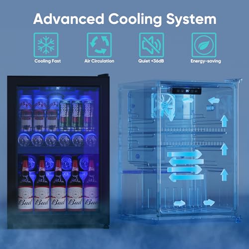 Image of Tehanld 2.5 Cu.Ft Wine Fridge, Mini Fridge With Glass Door, Wine Cooler Refrigerator, Beverage Drink Beer Cooler, Adjustable Shelves & Digital Temperature Display, 22 Bottle 95 Can