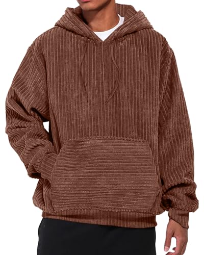 Men's Corduroy Sweatshirt Hoodie Oversized Vintage Warm Thick Hoodies with Pockets Casual Pullover Tops