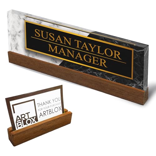 Artblox Personalized Office Desk Name Plate and Business Card Holder | Clear Acrylic Glass with Teak Wood Stand | Black White Marble Design Customized with Your Name and Credentials Office Desk Decor