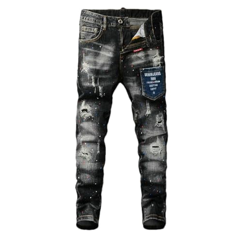 Mens Street Designer Jeans Retro Stretch Slim Fit Painted Ripped Jeans Men Hip Hop Vintage Denim Pants