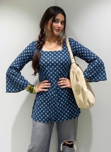Image of ANNI Designer Women's Viscose Blend Printed Short Kurti | Straight Fit Casual Ethnic Top | Square Neck Full Sleeve Kurta Office College