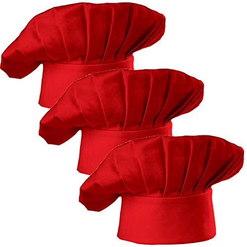 Hyzrz Set of 3 Pack Adult Chef Hat Adult Adjustable Elastic Baker Kitchen Cooking Chef Cap 3 Pieces (Red)