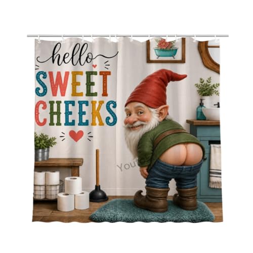 Youtoko Funny Gnome Shower Curtain Hello Sweet Cheeks Quote Rustic Farmhouse Style 72x72 with 12 Hooks Waterproof Washable Polyester Bathroom Decor