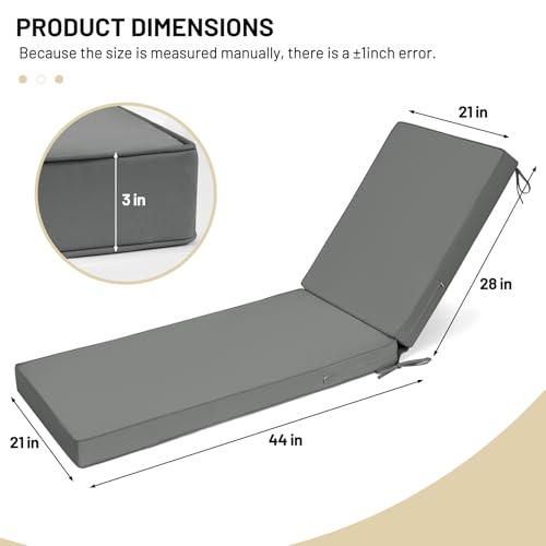 Lokex Chaise Lounge Cushions Outdoor, Waterproof Removable Chaise Lounge Cushion, 72x21x3 Inch Lounge Chair Cushions for Outdoor Furniture Comes with Lace-up Straps and Anti-Slip Bottom