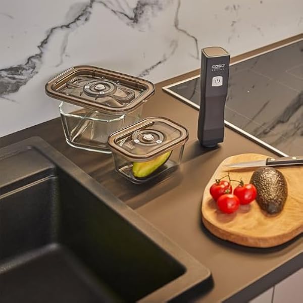 CASO Vacu OneTouch Eco-Set с 3 стеклянными вакуумными контейнерами 10 карманами на молнии и беспроводной наклейкой-менеджером продуктов с временем работы до 150 минут
