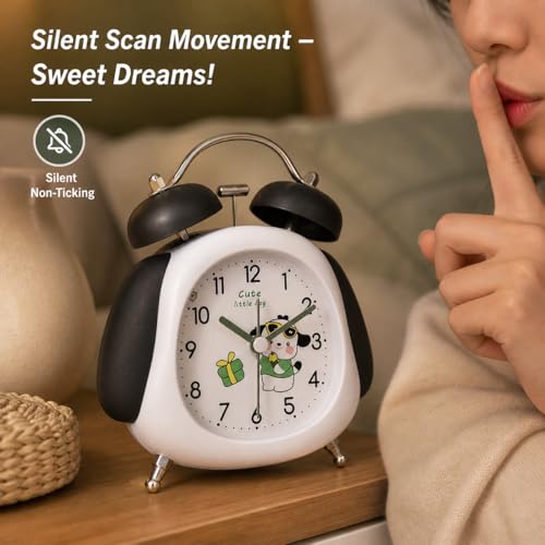 Image of HOME SKILL Alarm Clock Cute Panda Twin Bell, Super Silent Non-Ticking Analog Clock with Backlight, Loud Alarm for Heavy Sleepers, Best for Kids Room, Decor, for Boys & Girls.