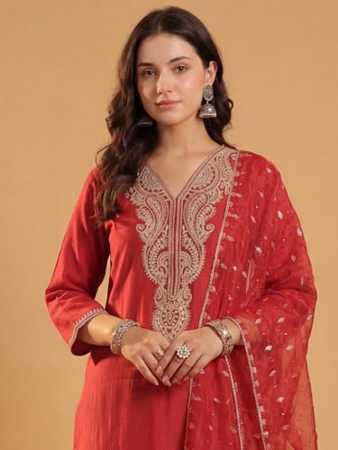 Image of INDO ERA Women's Liva Red Paisley Embroidered Sequinned Straight Kurta & Pant with Dupatta Set