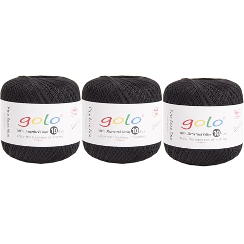 Image of golo 3 Balls Crochet Thread Size 10 Crochet Yarn for Hand Knitting Black Yarn 901
