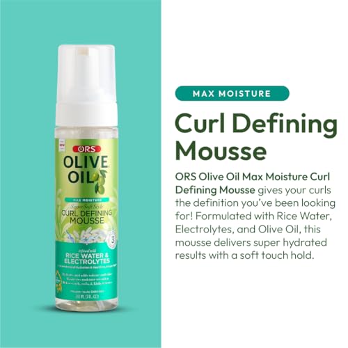 ORS Olive Oil Max Moisture Super Soft Style Curl Defining Mousse infused with Rice Water & Electrolytes for Supercharged Hydration & Growth (7.0 oz)