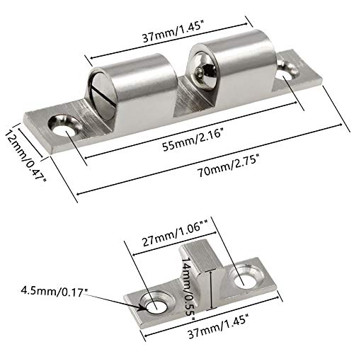 Jiozermi 5Pcs 2.75"/ 70mm Double Ball Tension Roller Catch Latch, Solid Brass Hardware Fitting with Screws for Cabinet, Closet & Furniture Door, Chromium Plated