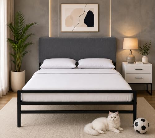 Image of Metal Platform Bed Frame with Upholstered Headboard, Grey Tufted headboard, Minimalist Bedroom Furniture, Sturdy Steel Slat Support, Contemporary Bedroom Decor, Queen Size Comfortable
