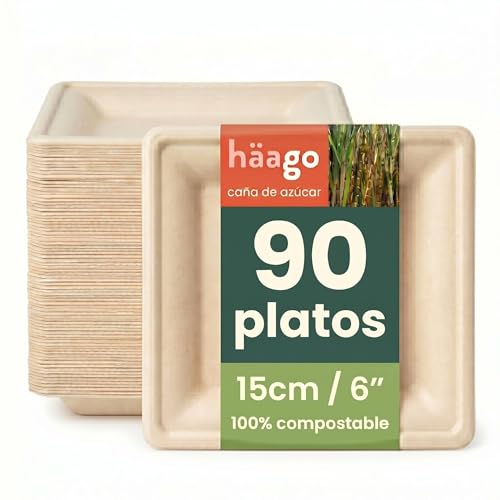 HAAGO 90 Platos Compostables de Caña de Azúcar, 15 cm / 6" Cuadrados – Platos de Cartón Resistentes, Anti-Grasa y a Prueba de Fugas – Biodegradables & Desechables para Fiestas, Snacks, Postres