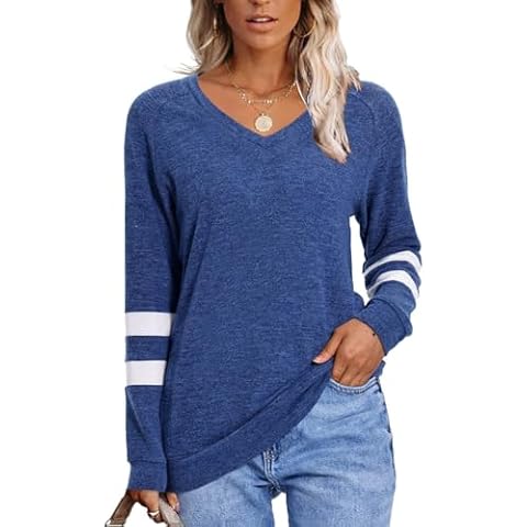 Womens Tops Fall Fashion 2024 Sweatshirt for Women Sweaters V Neck Long Sleeve Shirts Trendy Clothes Ladeis Blouses Dressy Casual Tunics to Wear with Leggings Blue X-Large Cover