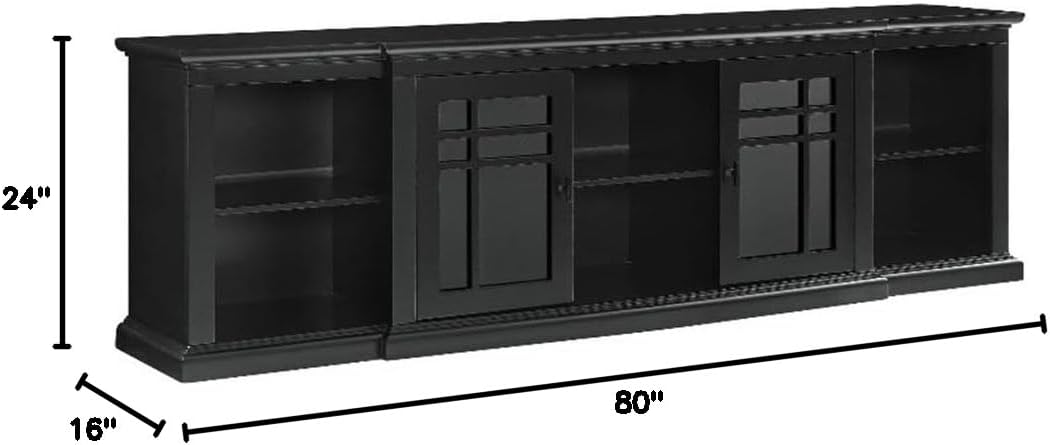 Pemberly Row 80" Transitional Wood TV Stand Console, Black Finish, 2 Tempered Glass Doors, 5 Adjustable Shelves, Cord Management, Fits TVs Up to 88", Modern Storage for Living Room or Media Area