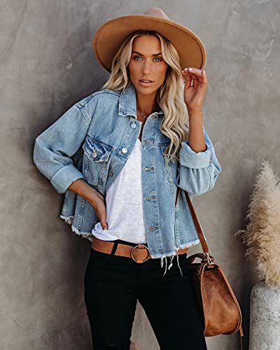 Women's Jean Denim Jacket Classic Trucker Shacket Button Up Frayed Cropped Loose Coats2