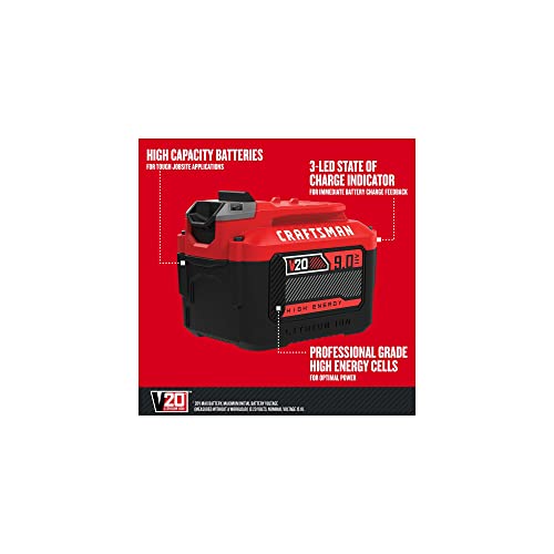 Image of CRAFTSMAN V20 Lithium Ion Battery for Power Tools, 9 Ah, LED Charge Indicator (CMCB209)