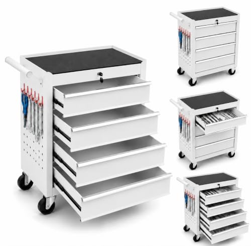 Garvee white 4-drawer rolling tool chest with locking casters — the pick with casters described for concrete and uneven surfaces