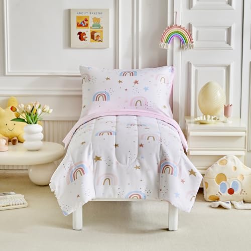 Image of Rainbow Toddler Bedding Set for Girls Light Pink Stars Dots 4PC Toddler Bed Set - Soft Blue Pink Rainbow Cute Princess Toddler Bed in a Bag with Pink Sheet Set and Pillow Shams