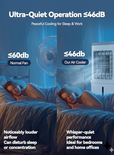 Portable Air Conditioner, 4-in-1 Evaporative Air Cooler Fan, 70W Space-Saving Design, 12L Water Tank, 3 Ice Packs, 3 Speeds, 60° Oscillation, 46dB Quiet, Pet-Friendly Cooling for Home & Office