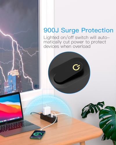 10Ft Extension Cord with Multiple Outlets, Flat Plug Power Strip Surge Protector with 10 Ft Long Cord, 6 Outlet 3 USB Ports (1 USB C), Multi Outlet Wall Plug for Travel, Dorm Room Essentials-Black - 6
