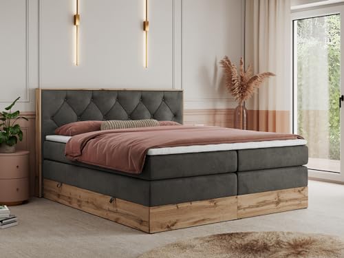 MKS MEBLE King Boxspringbett 180x200 mit Kopfteil und Bettkasten, Polsterbett mit Matratze H3 und Topper T25, Wotan Eiche Dekor - Dunkelgrau Velvet - Veneto King