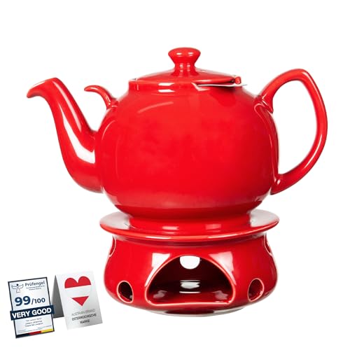 Teekanne mit Stövchen 1.6 L (Rot) mit Edelstahl Sieb aus Steinzeug, Teapot Liverpool tropffrei. Teegeschirr Keramik mit Siebeinsatz