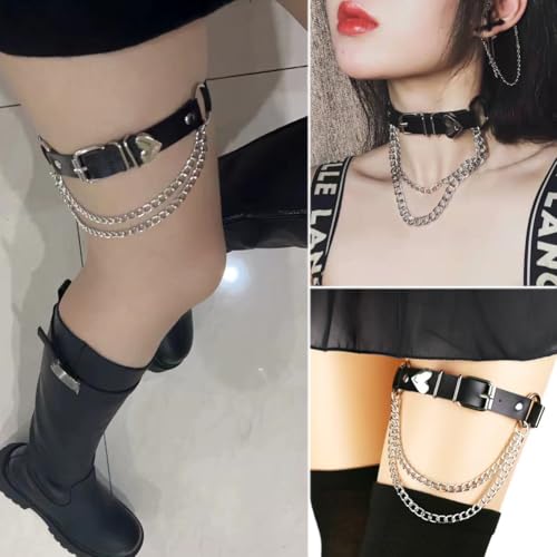Adjustable Heart-Shaped Thigh Garter 2 Pieces Punk Leather Garter Belts Leg Garter with Chains Body Accessories3