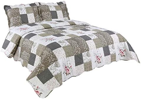 Marina Decoration Rich Printed Embossed Pinsonic Coverlet Bedspread Ultra Soft 3 Piece Summer Quilt Set with 2 Quilted Shams, Rose Floral and Branch Plaid Pattern Taupe Grey Color Queen/Full Size
