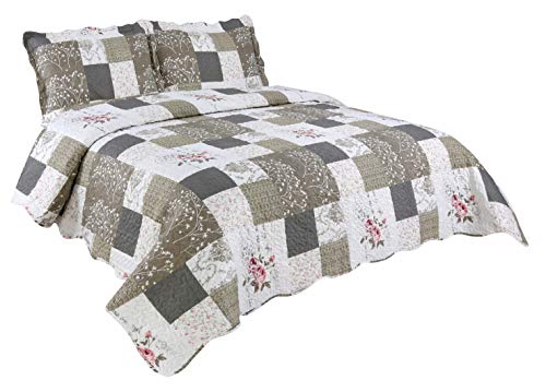 Marina Decoration Rich Printed Embossed Pinsonic Coverlet Bedspread Ultra Soft 3 Piece Summer Quilt Set With 2 Quilted Shams, Rose Floral And Branch Plaid Pattern Taupe Grey Color Queen/Full Size #TOP24