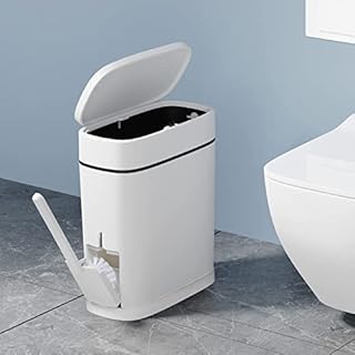 LIFKOME 14 Liter Bathroom Trash Can with Toilet Brush Holder, 15.5cm Slim Wastebasket with Toilet Brush Container Bathroom Trash Can Garbage Can with Press Top Lid for Bathroom Kitchen